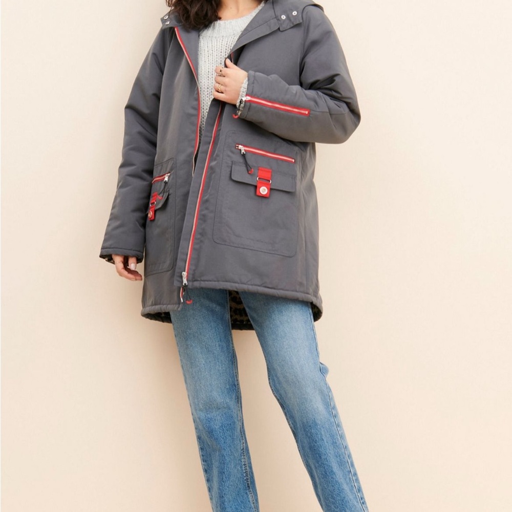 Anthropologie Maeve Anorak Gray and Red Utility Jacket size Large  EUC